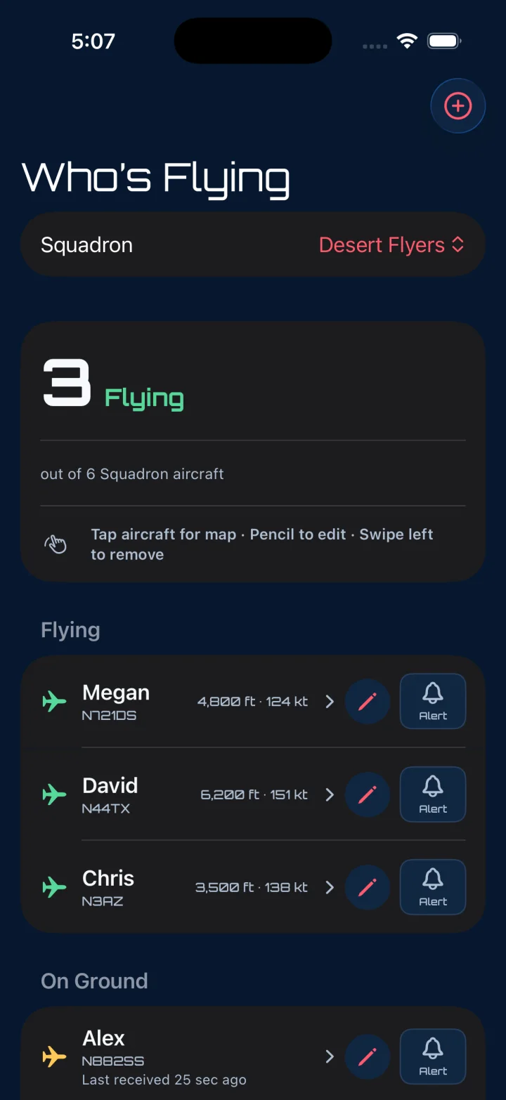 Who’s Flying screen in the Squadron Sync iPhone app